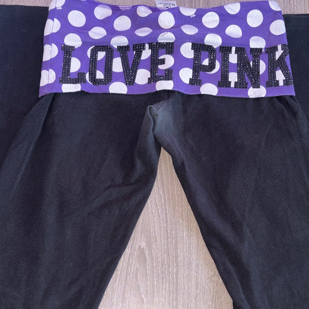 Y2K PINK Victoria's Secret Black Leggings with Purple Polka Dot Waistband